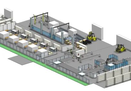 Isometric plan of the automated disassembly line: gated workstations along one side, gantries and conveyors through the centre, and racking and forklifts at the dispatch end