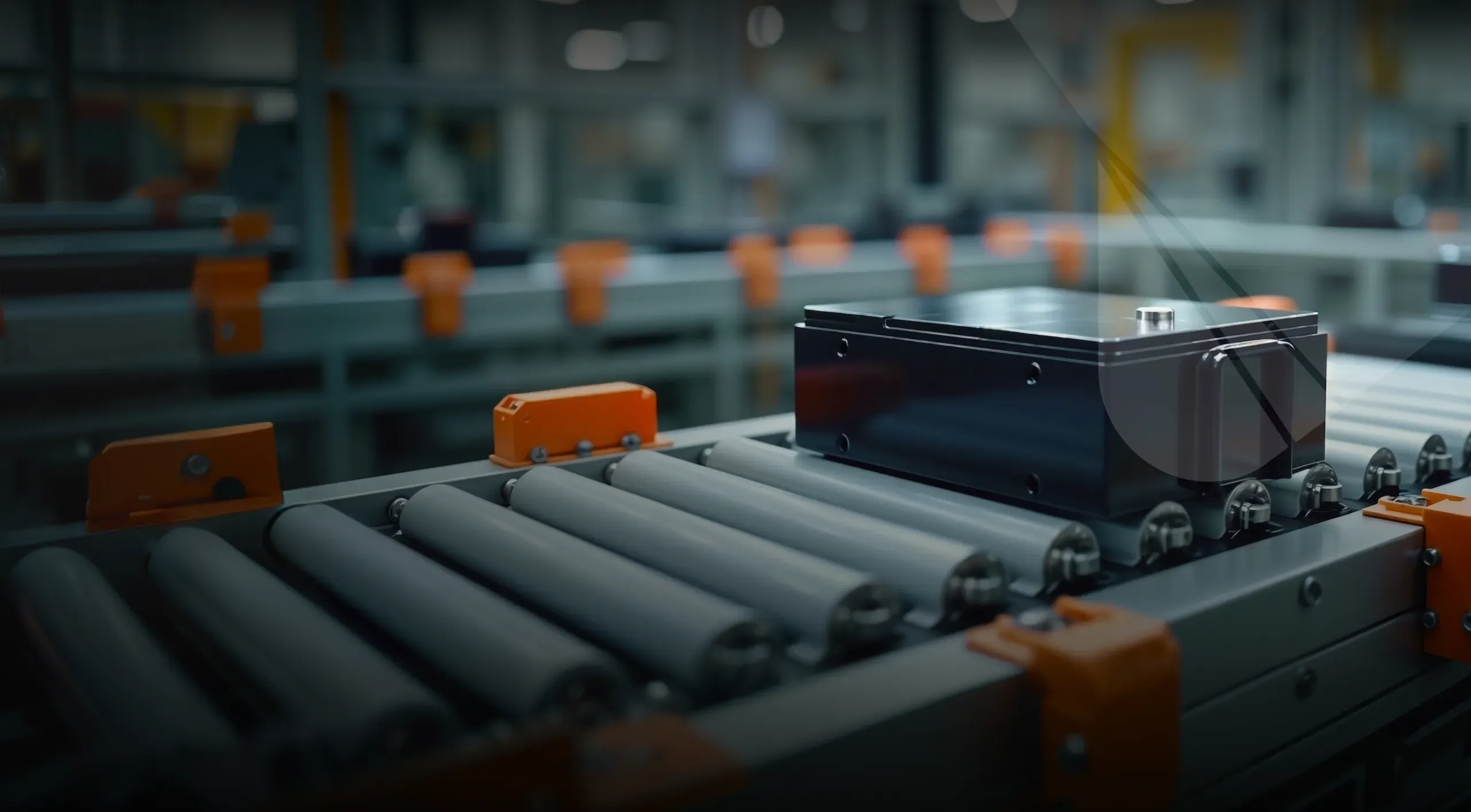 An electric vehicle battery pack moving along a roller conveyor on the production line