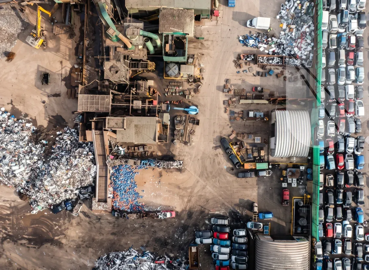 Aerial view of an authorised treatment facility yard with end-of-life vehicles and sorted material
