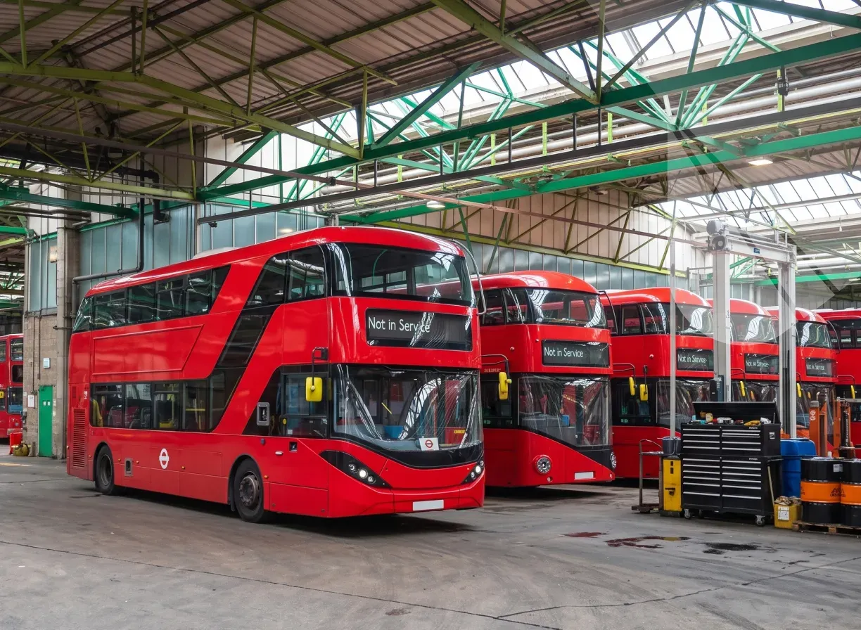 Electric double-decker buses parked in a depot maintenance bay