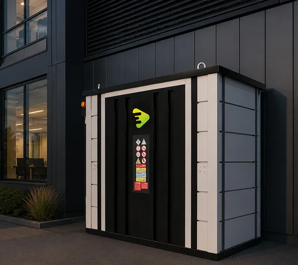An outdoor GreenTech battery energy storage enclosure beside an industrial building
